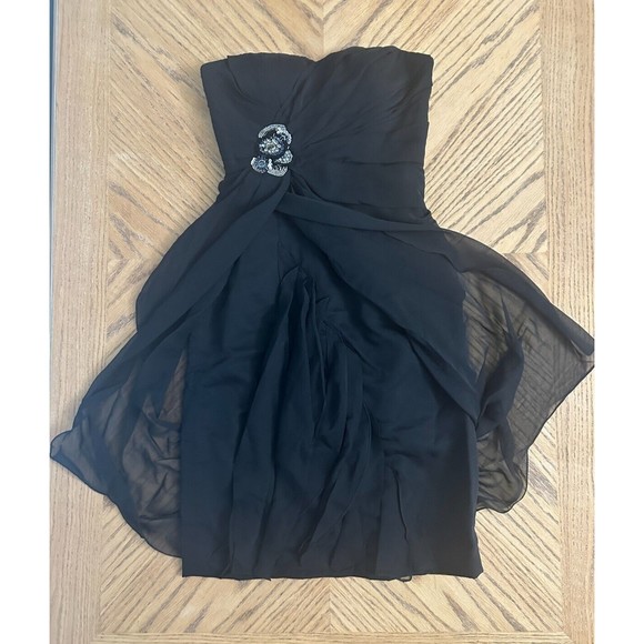 Draped Chiffon Black Cocktail Dress Rhinestone Bustier Strapless Bra Insert Sz 6 - Picture 5 of 13